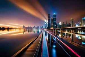 ein lange Exposition fotografieren von das Stadt Horizont beim Nacht. KI-generiert foto