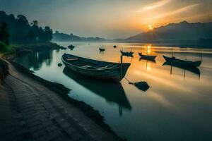 Boote auf das Fluss beim Sonnenaufgang. KI-generiert foto
