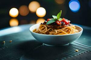 ein Schüssel von Spaghetti mit Tomate Soße und Basilikum Blätter. KI-generiert foto