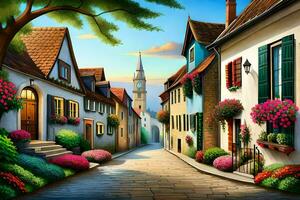 ein Illustration von ein Straße im ein Stadt, Dorf mit Blumen. KI-generiert foto