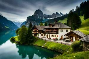 ein Haus sitzt auf das Kante von ein See umgeben durch Berge. KI-generiert foto