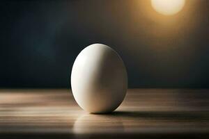 ein Ei auf ein Tabelle mit ein hell Licht hinter Es. KI-generiert foto