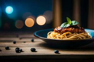 Spaghetti mit Fleisch und Blaubeeren auf ein hölzern Tisch. KI-generiert foto