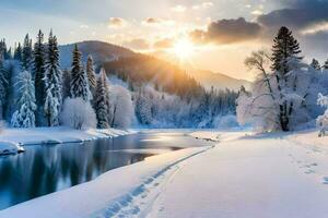 ein schneebedeckt Fluss im das Winter. KI-generiert foto