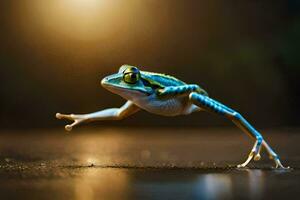 ein Frosch Springen auf das Boden mit es ist Beine Ausbreitung. KI-generiert foto