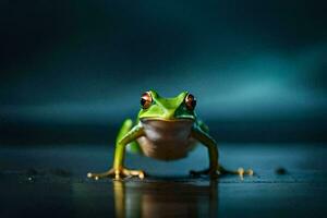 ein Frosch ist Stehen auf ein dunkel Hintergrund. KI-generiert foto