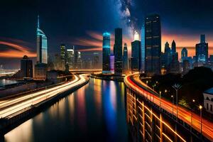 das Stadt Horizont beim Nacht mit der Verkehr Beleuchtung. KI-generiert foto