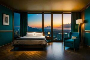 ein Schlafzimmer mit ein Aussicht von das Stadt beim Sonnenuntergang. KI-generiert foto