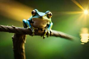 ein Frosch Sitzung auf ein Ast mit das Sonne leuchtenden. KI-generiert foto