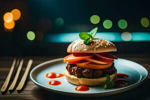 ein Hamburger mit Tomate, Grüner Salat und Käse auf ein Weiß Platte. KI-generiert foto