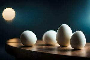 fünf Eier auf ein hölzern Tisch. KI-generiert foto
