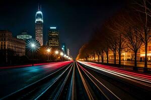 ein lange Exposition Foto von ein Stadt Straße beim Nacht. KI-generiert