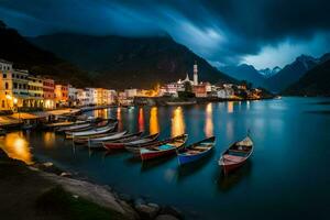 Boote angedockt im das Wasser beim Nacht im ein Berg Stadt. KI-generiert foto