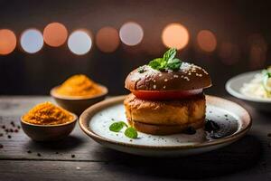 ein Burger auf ein Teller mit Gewürze und andere Zutaten. KI-generiert foto