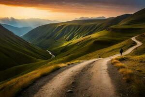 ein Mann Spaziergänge Nieder ein Schmutz Straße im das Berge. KI-generiert foto