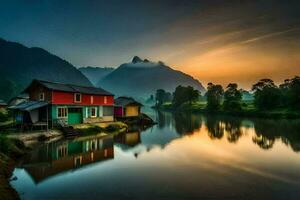 Foto Hintergrund das Himmel, Berge, Fluss, Haus, das Himmel, Berge, Fluss, Haus. KI-generiert