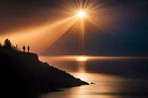 zwei Menschen Stand auf ein Cliff mit Blick auf das Ozean. KI-generiert foto