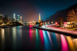 ein Stadt Horizont beim Nacht mit Beleuchtung auf das Wasser. KI-generiert foto