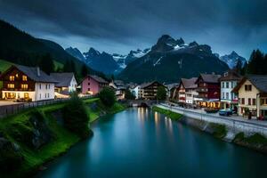 Foto Hintergrund das Himmel, Berge, Fluss, Häuser, Berge, Schweiz, Alpen,. KI-generiert