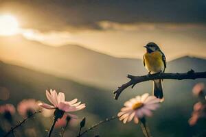 ein Vogel sitzt auf ein Ast im Vorderseite von Blumen. KI-generiert foto