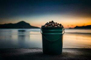 ein Eimer von Nüsse auf das Strand beim Sonnenuntergang. KI-generiert foto