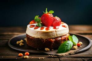 Käsekuchen mit Erdbeeren und Nüsse auf ein hölzern Tisch. KI-generiert foto