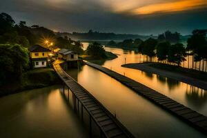 ein Brücke Über ein Fluss beim Sonnenuntergang. KI-generiert foto