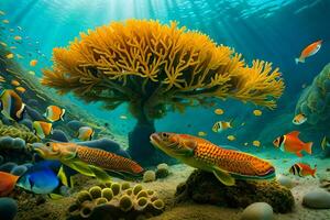 unter Wasser Szene mit Koralle, Fisch und ein Anemone. KI-generiert foto