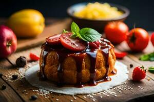 ein Dessert mit Soße und Beeren auf ein hölzern Tisch. KI-generiert foto