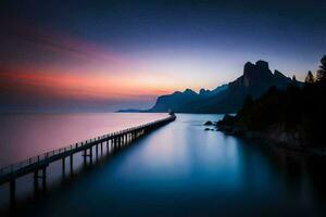 ein lange Exposition Foto von ein Seebrücke und Berge beim Sonnenuntergang. KI-generiert