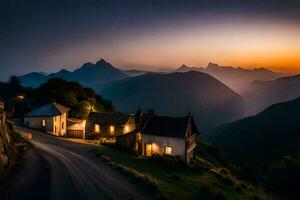 ein Haus sitzt auf ein Berg Seite beim Sonnenuntergang. KI-generiert foto