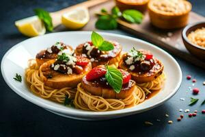 ein Teller von Spaghetti mit Fleischklößchen und Tomaten. KI-generiert foto