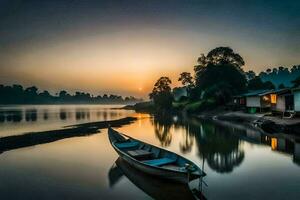 ein Boot sitzt auf das Ufer beim Sonnenuntergang. KI-generiert foto