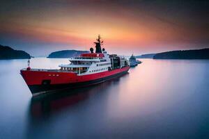 ein rot und Weiß Schiff im das Ozean beim Sonnenuntergang. KI-generiert foto