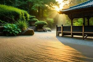 ein japanisch Garten mit ein Pavillon und Bäume. KI-generiert foto