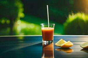 ein Glas von Saft mit ein Stroh und ein Scheibe von Zitrone. KI-generiert foto