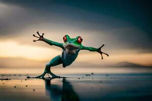 ein Frosch Springen auf das Strand mit es ist Beine Verbreitung aus. KI-generiert foto