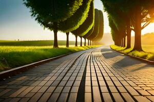 ein lange Straße mit Bäume und Gras. KI-generiert foto