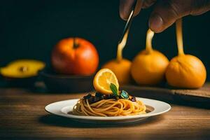 ein Person halten ein Löffel Über Spaghetti mit Orangen. KI-generiert foto