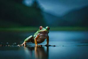 ein Frosch Sitzung auf das Kante von ein See. KI-generiert foto