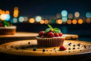 ein Cupcake mit Beeren auf ein hölzern Tisch. KI-generiert foto