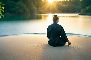 ein Frau im ein Kimono sitzt auf das Strand beim Sonnenuntergang. KI-generiert foto