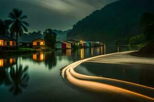 ein Fluss beim Nacht mit Häuser auf das Ufer. KI-generiert foto