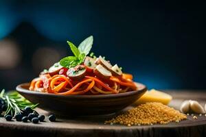 Spaghetti mit Tomate Soße und Basilikum Blätter im ein hölzern Schüssel. KI-generiert foto