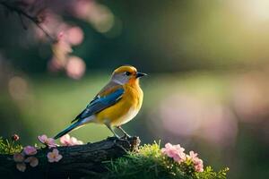 Foto Hintergrund Vogel, das Sonne, Frühling, Blumen, das Vogel, das Vogel, das Vogel. KI-generiert