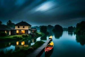 Foto Hintergrund das Himmel, Wasser, Haus, Boot, Haus, See, Haus, Boot,. KI-generiert