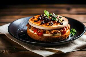 ein Sandwich mit Käse und Fleisch auf ein Platte. KI-generiert foto