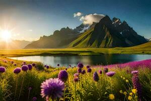 das Sonne steigt an Über das Berge und Blumen im das Feld. KI-generiert foto