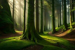 ein Wald mit Bäume und Moos. KI-generiert foto