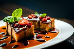 ein Stück von Kuchen mit Beeren und Sirup auf ein Weiß Platte. KI-generiert foto